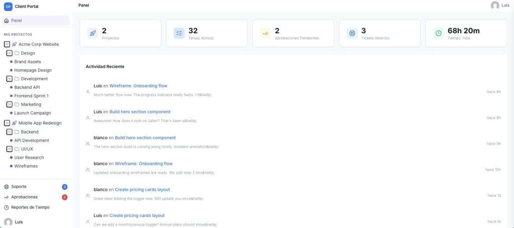 GrowthProjects client portal dashboard in WordPress