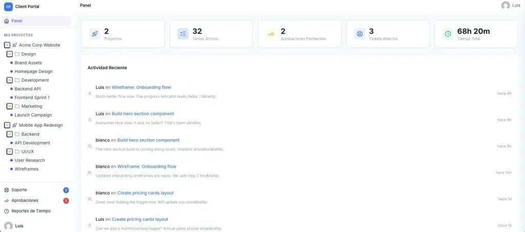 GrowthProjects client portal dashboard in WordPress