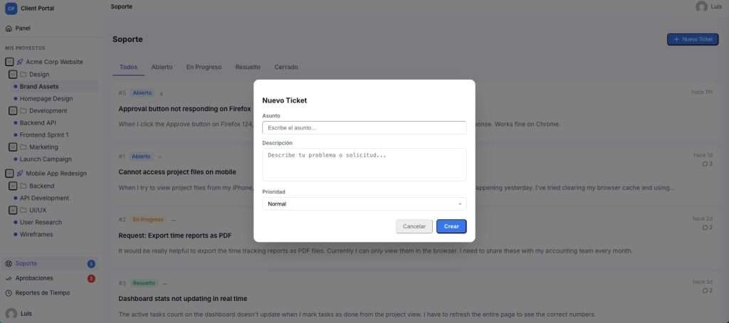 GrowthProjects client portal support ticket in WordPress