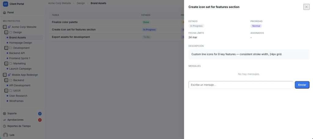 GrowthProjects client portal task detail in WordPress