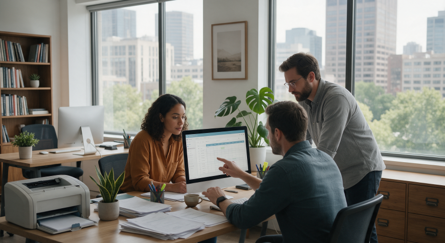 Small agency team reviewing billable hours and project time tracking at desktop computers