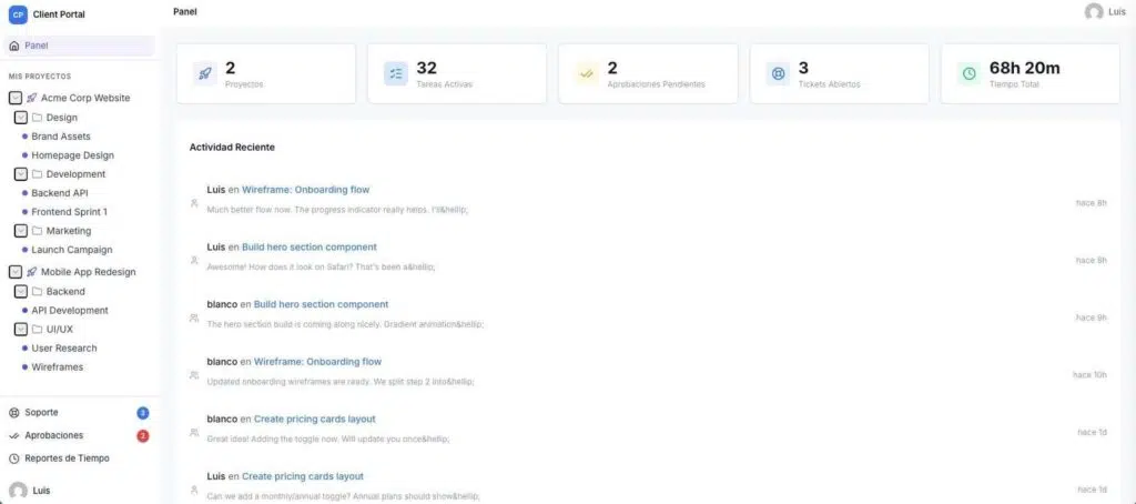 Client portal for freelancers with project updates and task visibility