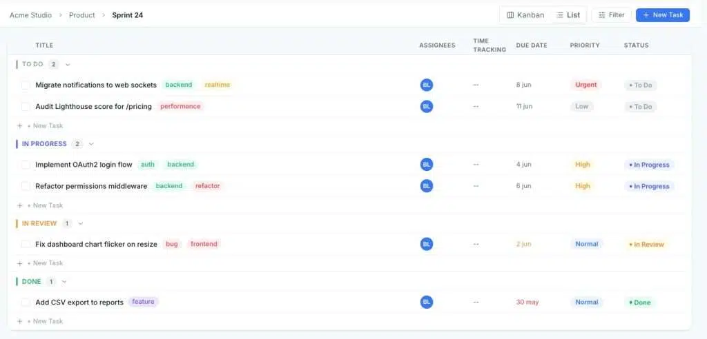 GrowthProjects WordPress project list view for organizing freelance client tasks