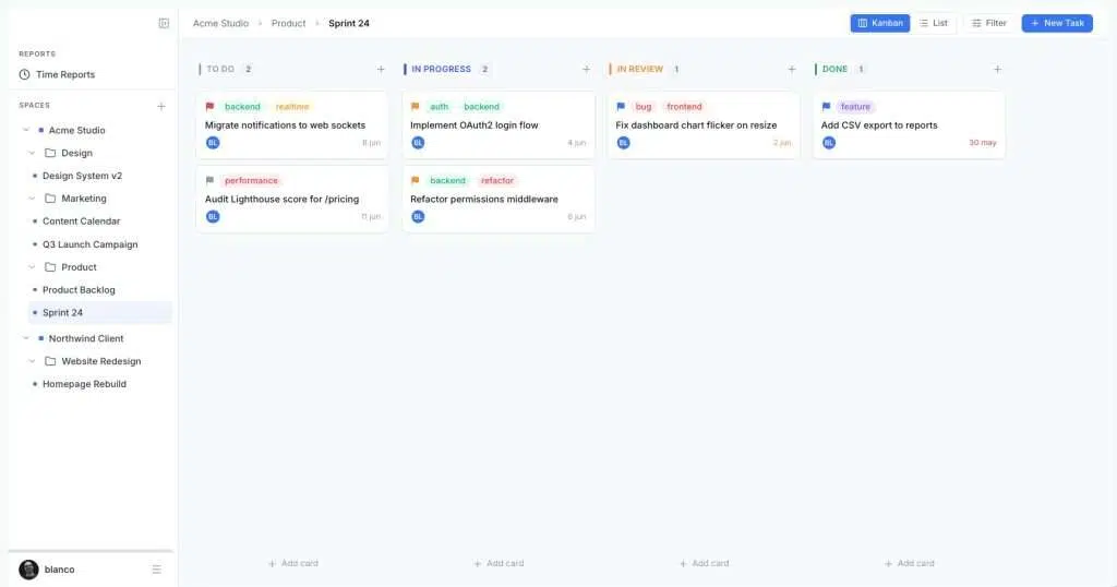 GrowthProjects project management dashboard in WordPress showing team tasks and workflow views