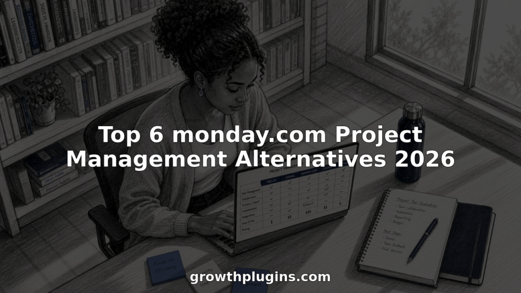 Woman researching project management software alternatives