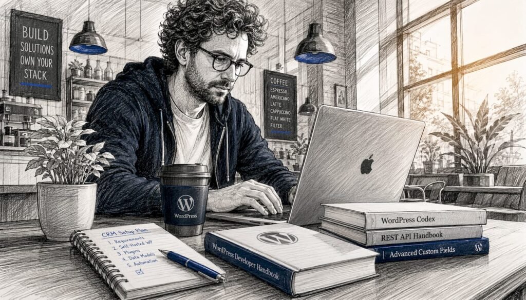 Developer configuring WordPress CRM in home office
