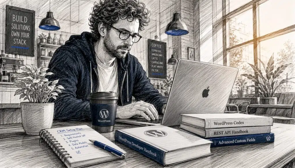 Developer configuring WordPress CRM in home office