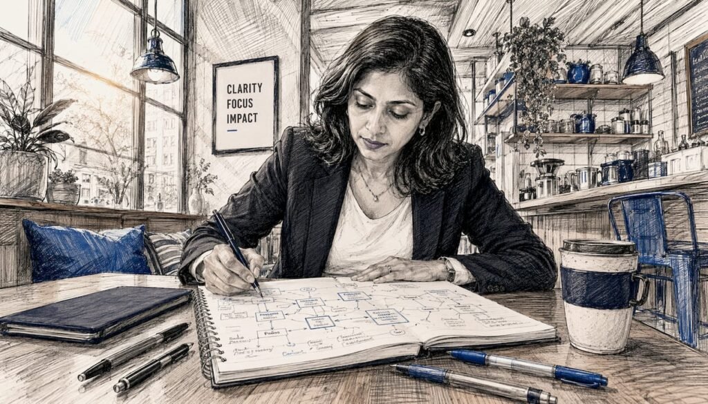 Woman mapping workflows at home office desk