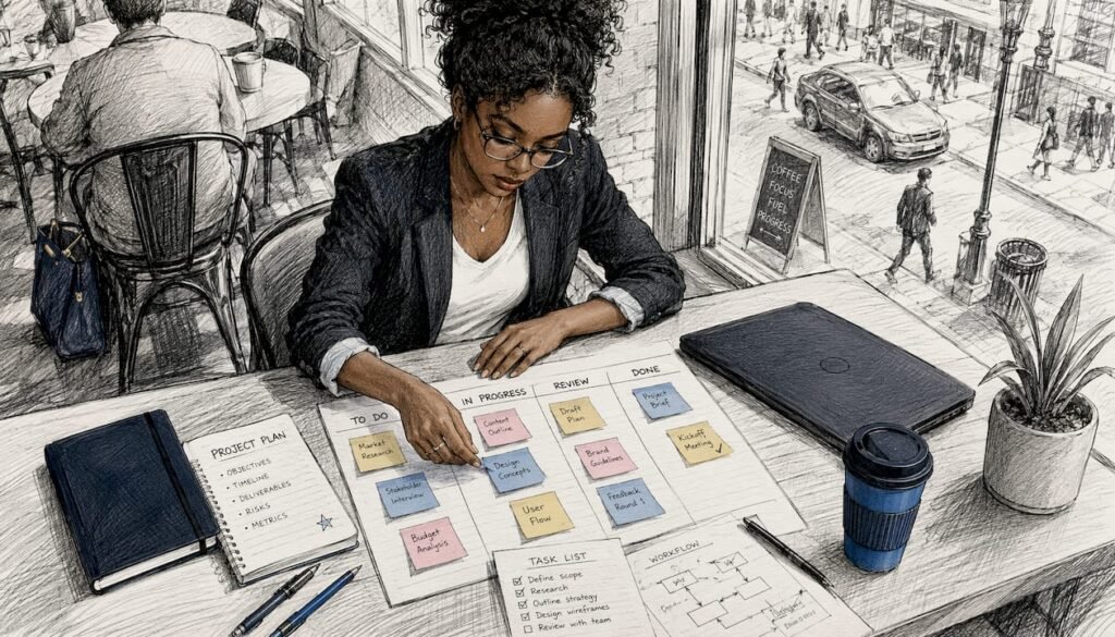 Woman organizing Kanban board at home office