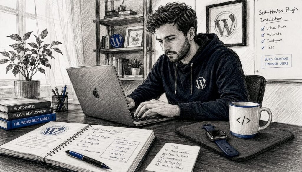 Developer installing WordPress plugin on laptop