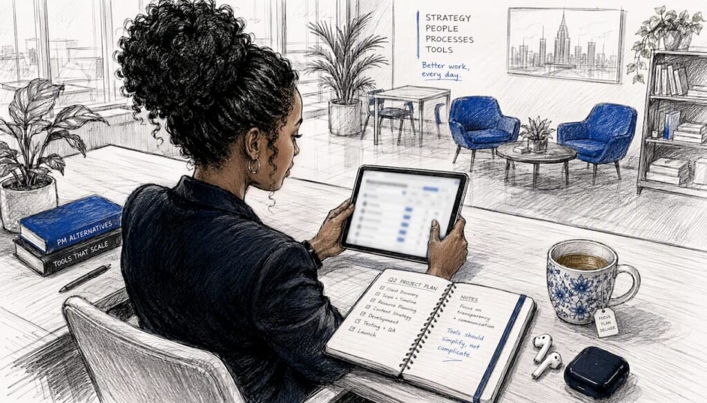 Project manager evaluating tools at desk