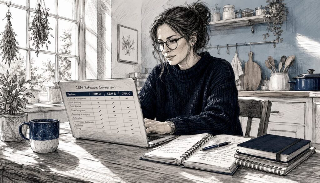 Freelancer reviewing HubSpot alternatives on laptop