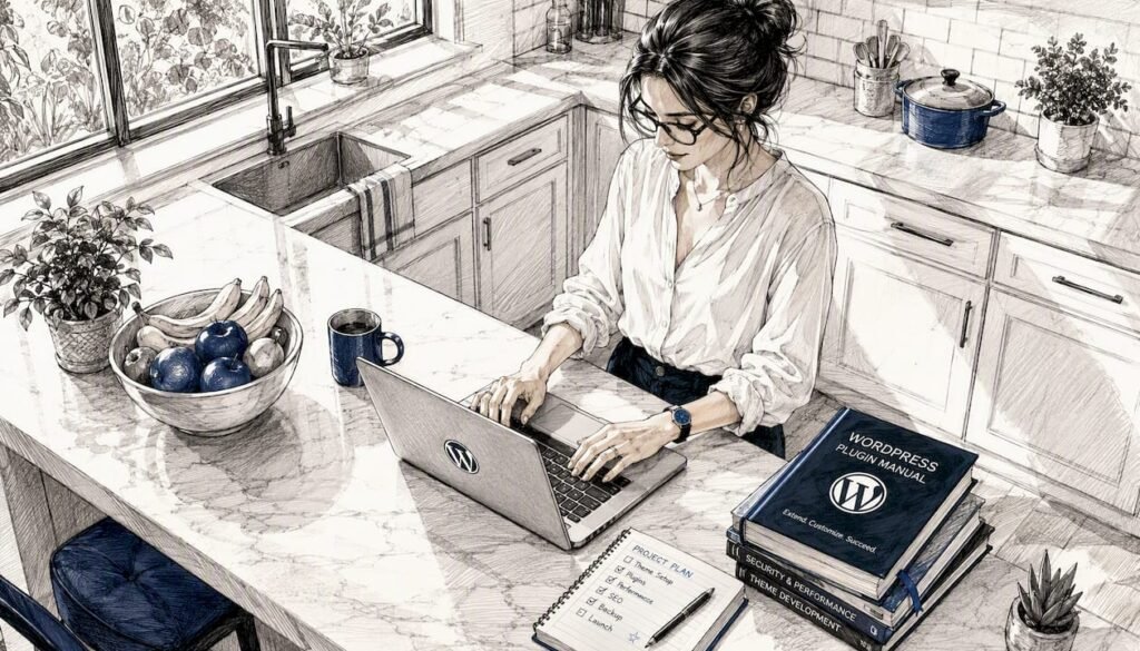 Woman working with WordPress Kanban plugin on laptop