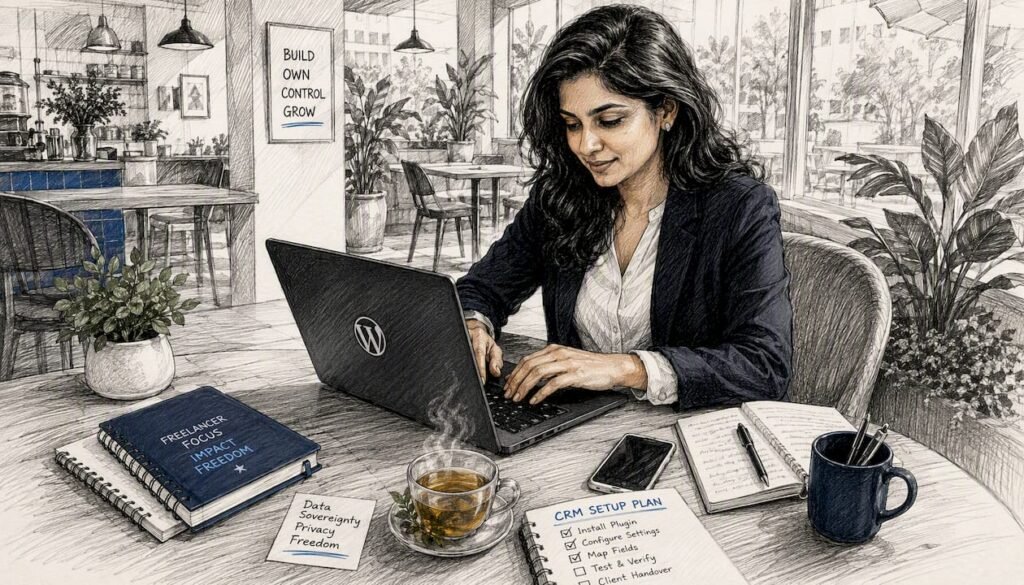 Woman installing WordPress CRM on laptop