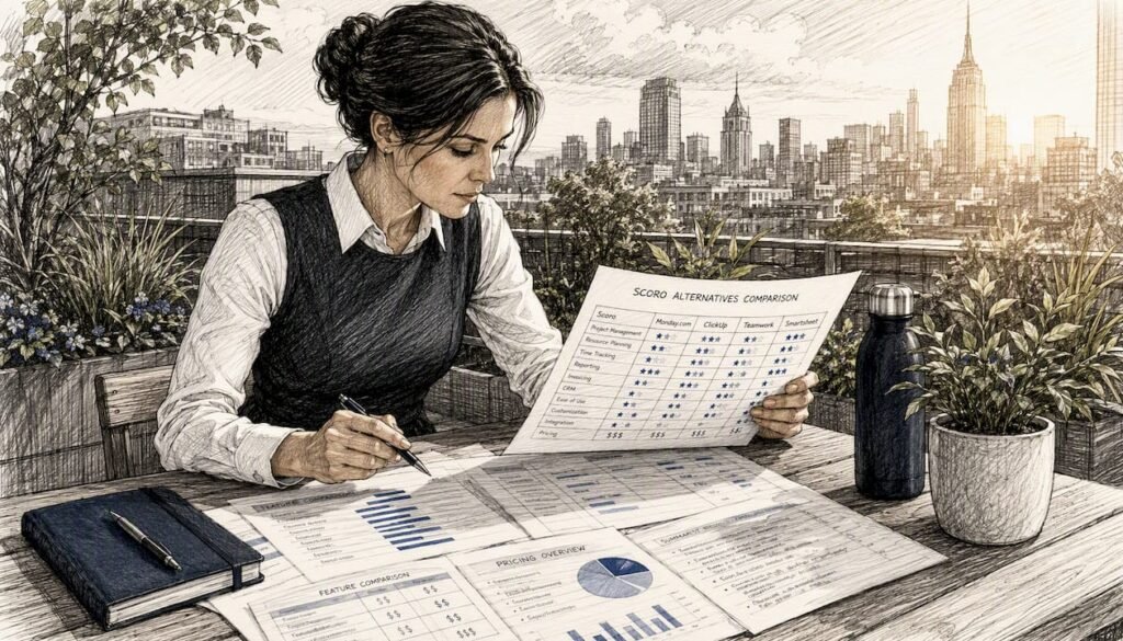 Project manager reviewing Scoro alternatives charts
