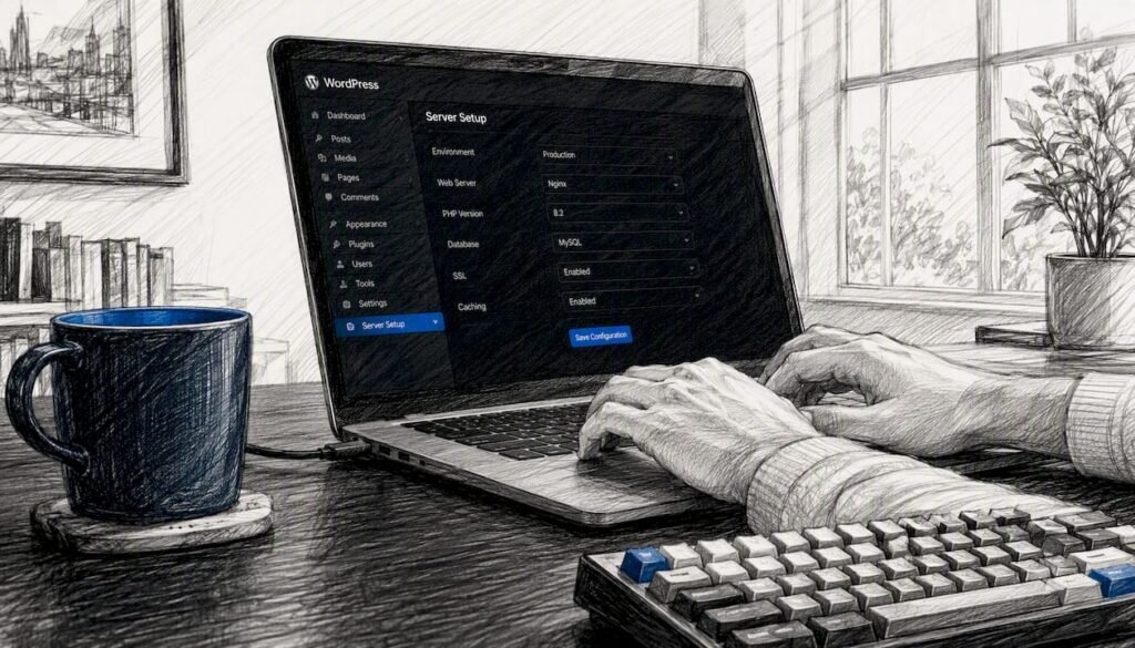 Hands configuring WordPress dashboard on laptop