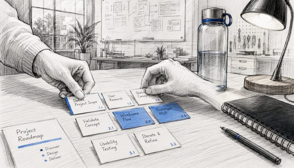 Hands arranging project management cards