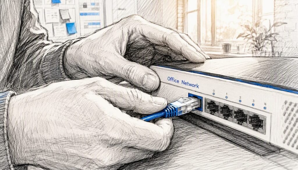 Hands plugging network cable in office
