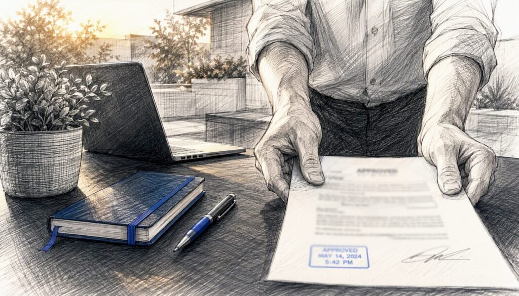 Hands placing approval certificate on desk