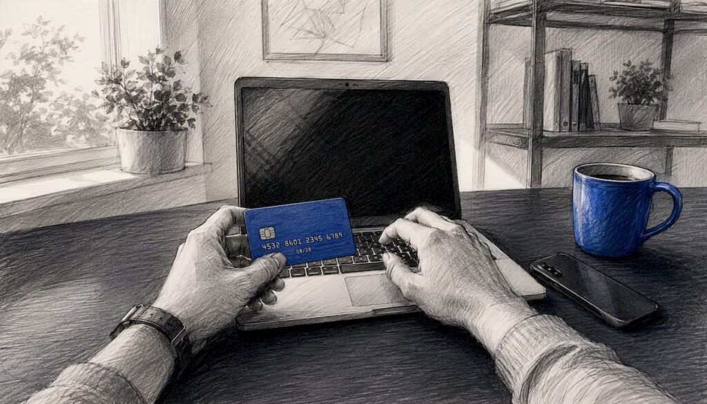 Hands holding credit card near laptop keyboard