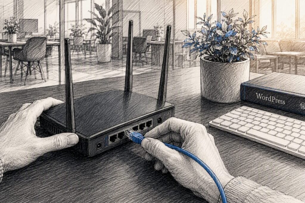 Hands plugging network cable into router