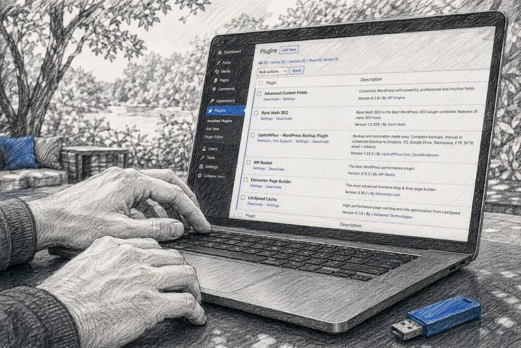 Hands configuring WordPress plugins on laptop
