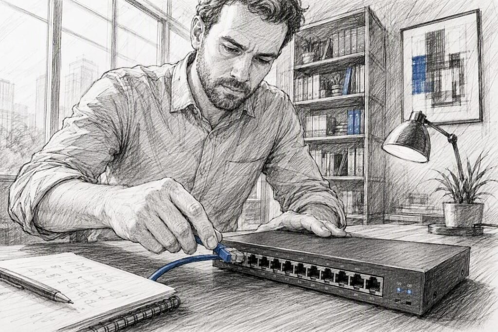 Hands plugging ethernet cable for server setup