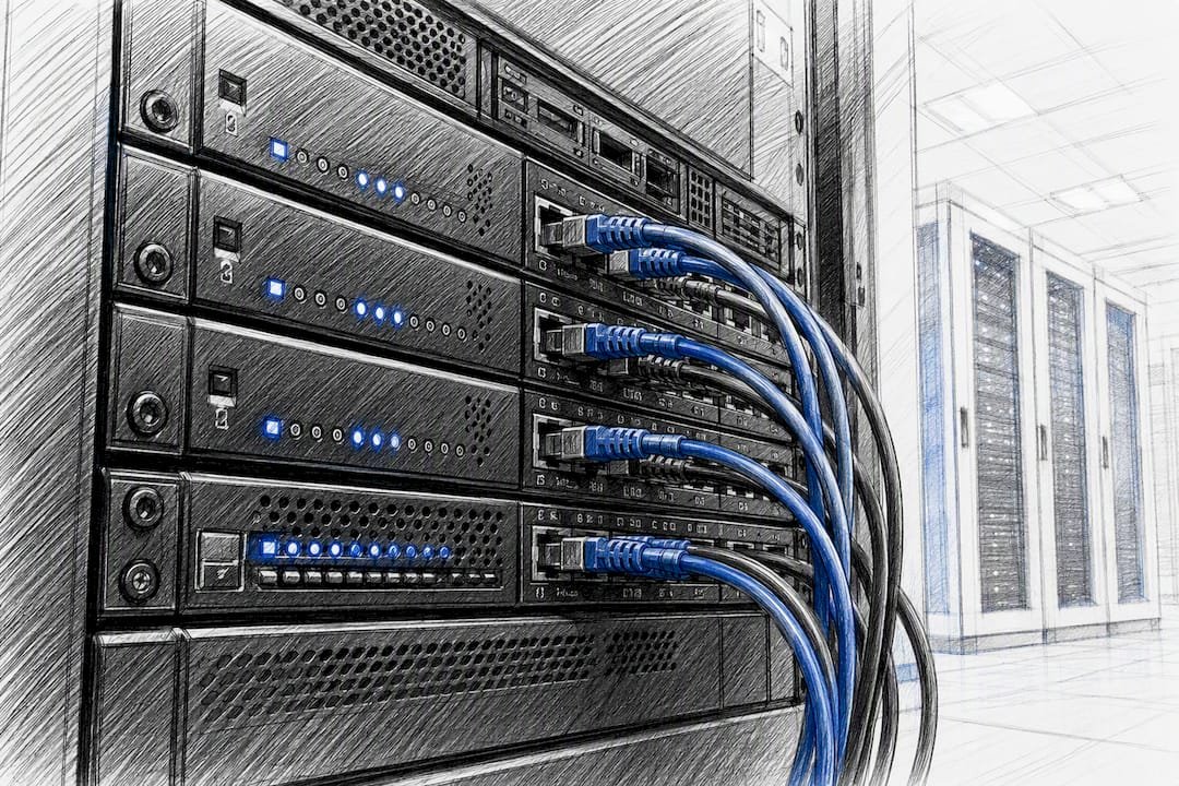 Close-up of server rack with network cables and LEDs