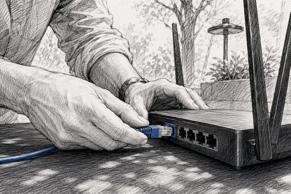 Hands plugging network cable at workspace
