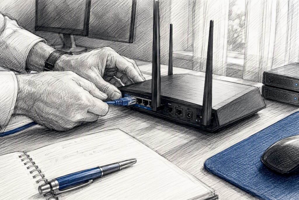 Hands plugging ethernet cable into router