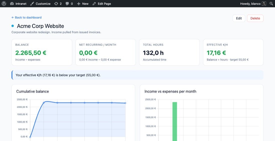Project profitability analysis showing balance, recurring income, expenses and hourly rate